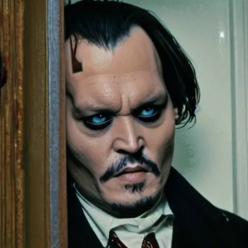 Image similar to Johnny Depp as Jack Torrance in Shining looking through the hole in the broken door