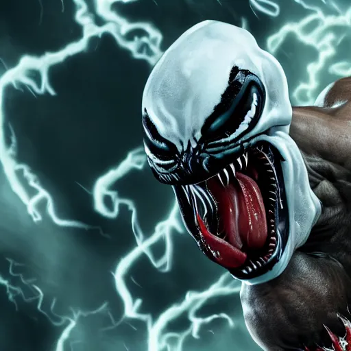 Image similar to Drake as Eddie Brock from Venom (2018), 4k, insanely detailed, teeth with small drops of red water