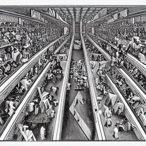 Prompt: a m. c. escher style drawing of influencer culture