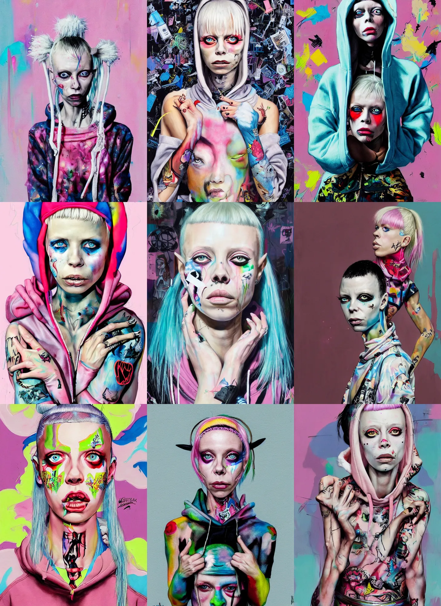 Prompt: beautiful yolandi visser from die antwoord in the style of martine johanna and david choe, wearing a hoodie, standing in a township street, street fashion outfit,!! haute couture!!, full figure painting by martine johanna, artgerm, ismail inceoglu, pastel color palette, sharp focus, detailed, intricate, elegant, 2 4 mm lens