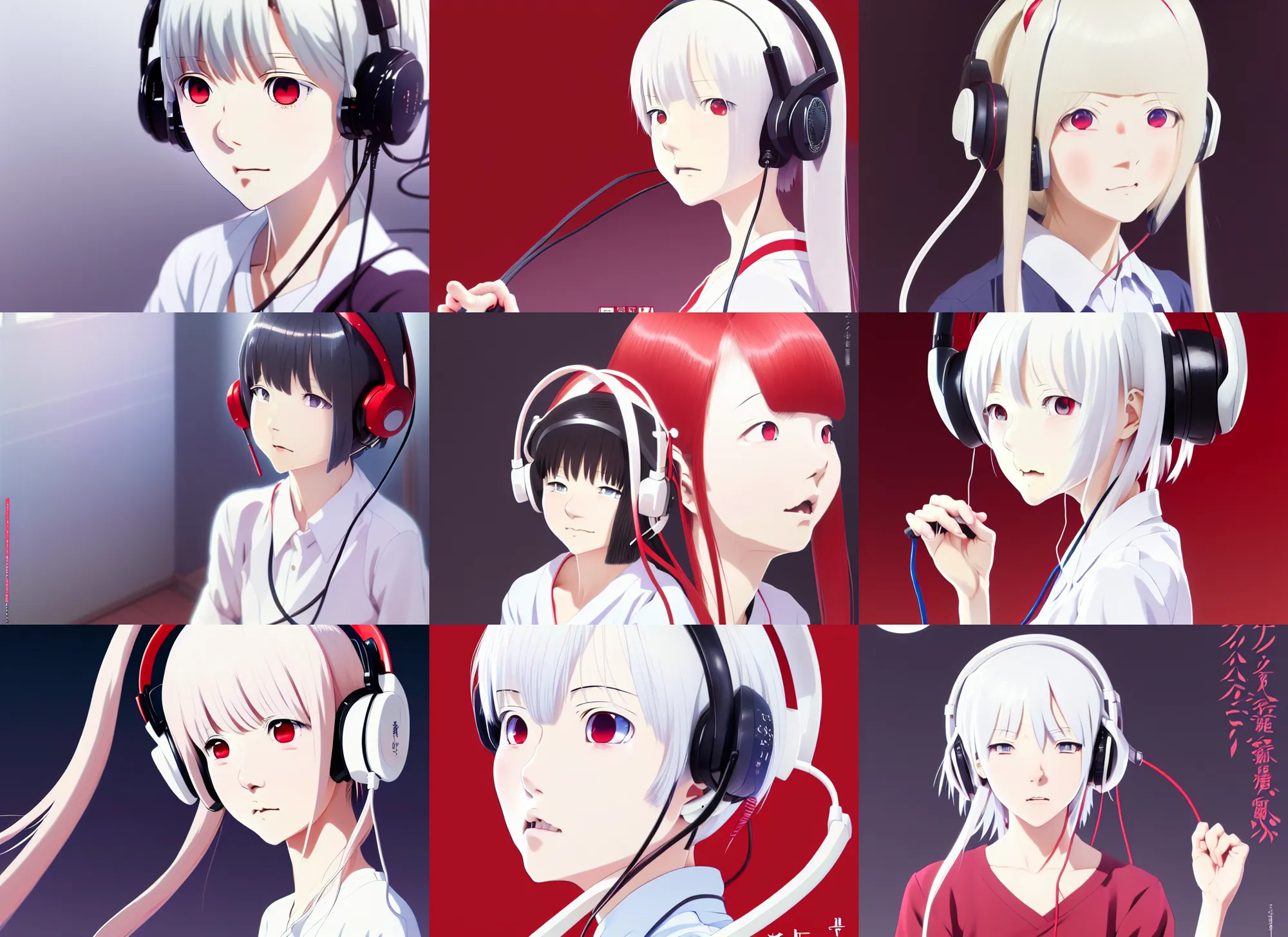 Prompt: anime poster still portrait of a japanese young woman, large red eyes, white hair!!!!, long, wearing a headset in her room interior, detailed facial features, dynamic pose, cute face by ilya kuvshinov, makoto shinkai takashi takeuchi studio ghibli, akihiko yoshida, 4 k