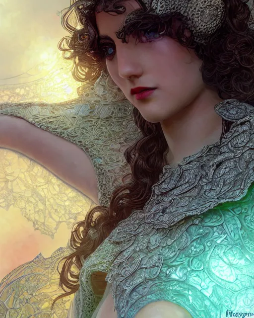 Prompt: macro closeup headshot of a beautiful seductive crochet doll wearing full plate armor, d & d, fantasy, rim light, volumetric lighting, digital painting, artstation, concept art, smooth, sharp focus, illustration, art by arney freytag, glamour pose, greg rutkowski, maxfield parrish and alphonse mucha, sunrise, new art nouveau, soft ambient lighting, particle effects