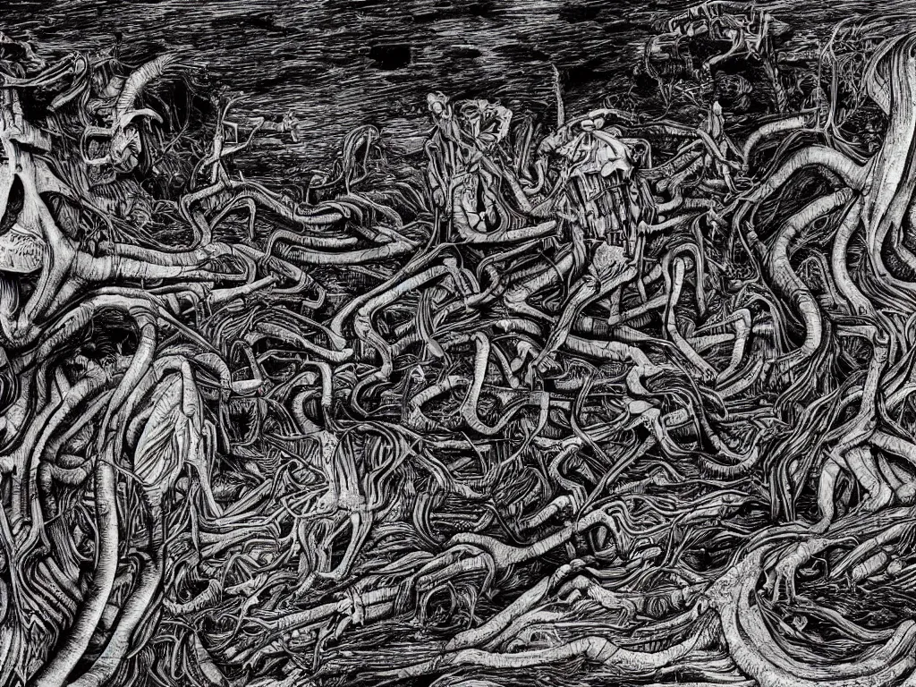 Prompt: landscape by Junji Ito and H.R. Giger