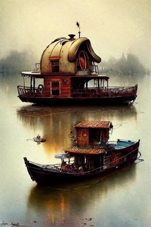 Image similar to (((((1950s fairy tale gypsy house boat floating on a river . muted colors.))))) by Jean-Baptiste Monge !!!!!!!!!!!!!!!!!!!!!!!!!!!