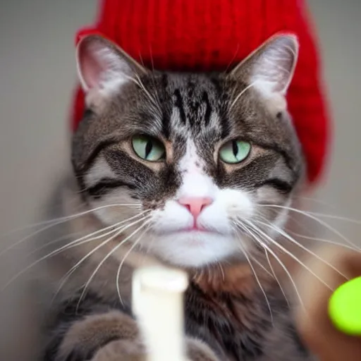 Prompt: A photo of a cat with red eyes smoking weed and wearing a beanie