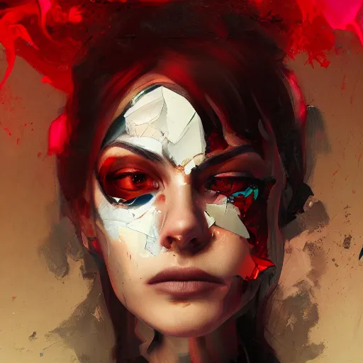 Image similar to a portrait of an intensely lit disoriented female, shattered, red, oil painting, pale colors, high detail, 8 k, wide angle, trending on artstation,