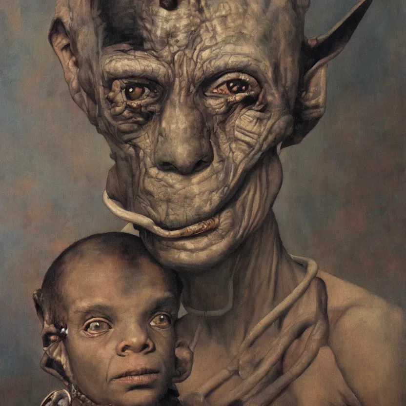 Prompt: portrait painting of a tribal alien, by norman rockwell. muted colors, soft gradients. baroque period, renaissance masterpiece. black background. trending on artstation. retrofuturism.