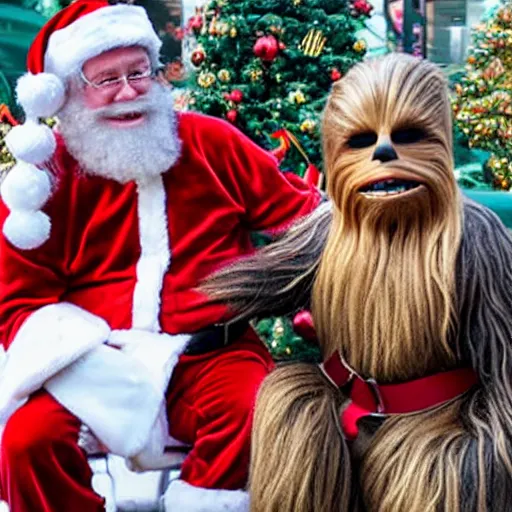 Image similar to chewbacca as the santa - claus - at - the - mall taking kids christmas wishes