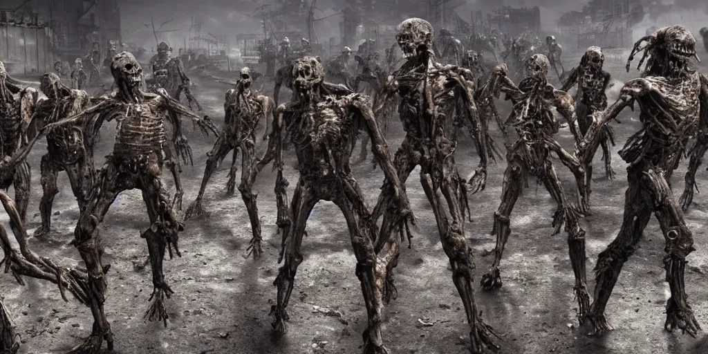 Image similar to humanoid metal endoskeletons partially covered in flesh, fighting undead zombies, post apocalyptic, scorched earth, detailed, unreal engine, realistic, detailed, sweat, dramatic lighting, cinematic