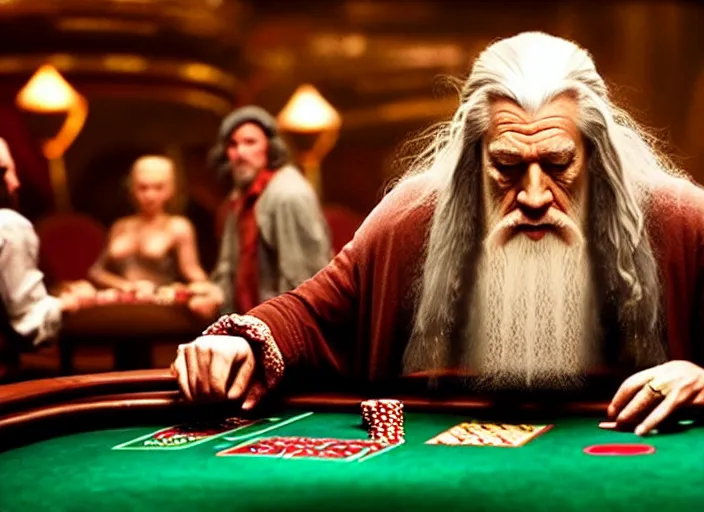 Image similar to film still of gandalf gambling in a casino in new lord of the rings movie, 8 k