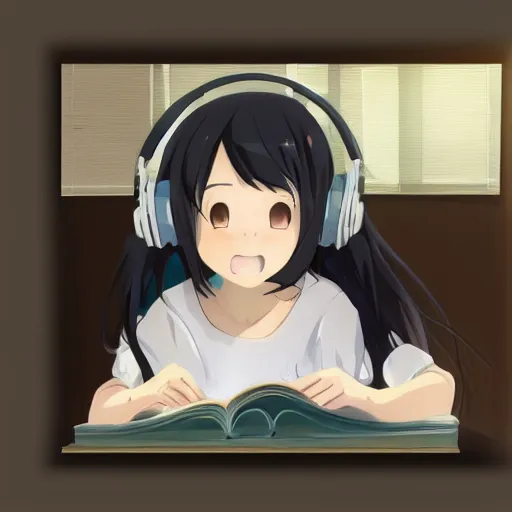Image similar to Anime painting of a black haired girl wearing headphones while studying in her warm cozy home, by makoto shinkai, relaxed, calm, atmospheric, trending on artstation, kimi no na wa