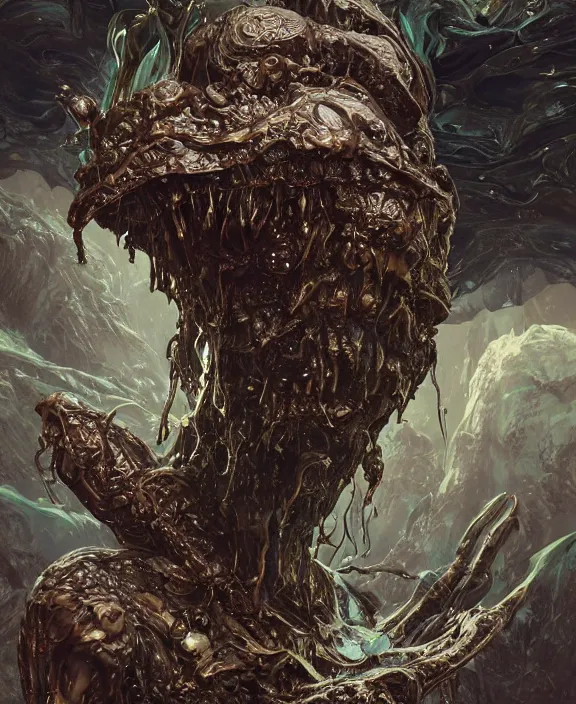 Image similar to portrait of a shining slime dripping predatory insect alien monster, slime, muscles, rippling slime, milky way environment, ultra realistic, concept art, intricate details, eerie, highly detailed, photorealistic, octane render, 8 k, unreal engine. art by artgerm and greg rutkowski and alphonse mucha