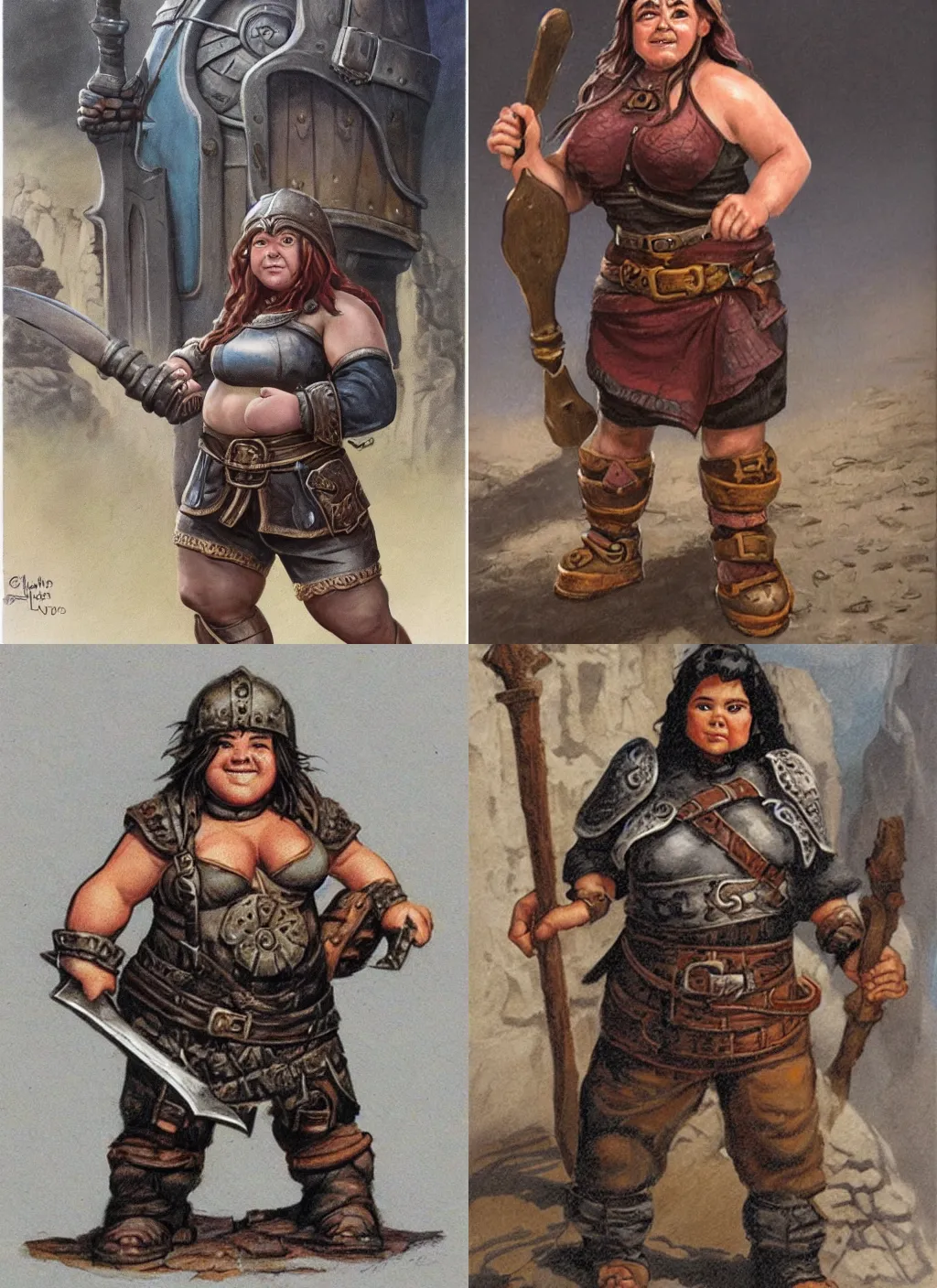Prompt: female dwarven blacksmith, chubby short stature, leather | by jeff easley