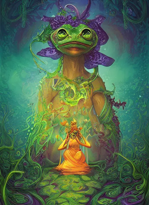 Prompt: the frog priestess of keltic druid folklore. flower fractals in the background. a matte symmetrical award winning fairytale book illustration. a digital painting by rhads, anato finnstark and rebecca guay