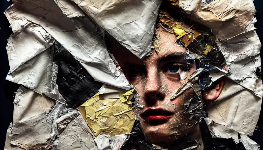 Prompt: rendered in blender trash bag on his head and crumpled paper as a texture, slit - scan photography, collage paper and tape, acrylic on canvas, hyperrealism mixed with expressionism, high resolution, cinematic, unreal 6, breathtaking detailed, by blake neubert