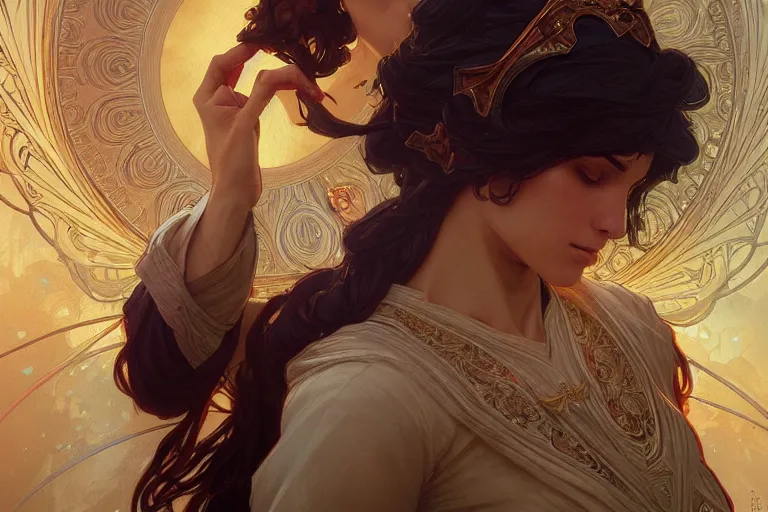 Image similar to the righteous female mage of god, deep focus, intricate, elegant, highly detailed, digital painting, artstation, concept art, matte, sharp focus, illustration, art by artgerm and greg rutkowski and alphonse mucha