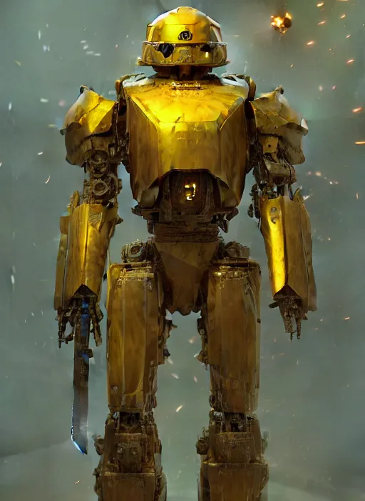 Image similar to human-sized strong intricate yellow pit droid carrying very detailed great sword and beautiful large paladin shield and longsword, pancake short large head, exposed metal bones, painterly humanoid mecha, by Greg Rutkowski