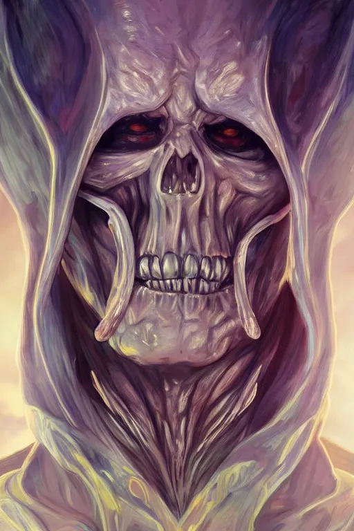 Image similar to ultra realistic illustration, skeletor from masters of the universe, sci - fi, fantasy, intricate, elegant, highly detailed, digital painting, artstation, concept art, smooth, sharp focus, illustration, art by artgerm and alphonse mucha