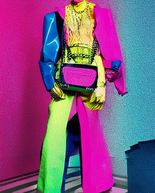 Image similar to a leaked screenshot of Balenciaga's fall 2049 campaign, prismatic, dazzle camouflage!, dayglo pink, dayglo blue, Bladerunner, cyberpunk