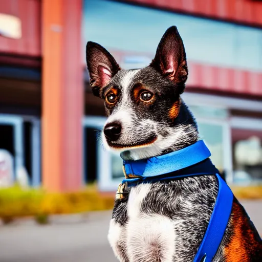 Image similar to blue heeler dog on a motorcycle, 8 k photography, blurred background of a wafflehouse