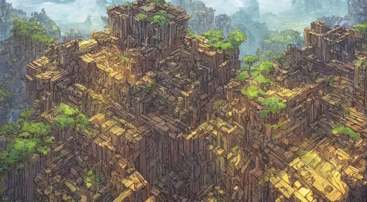 Image similar to open door wood wall fortress greeble block amazon jungle on portal unknow world ambiant fornite that looks like it is from borderlands and by feng zhu and loish and laurie greasley, victo ngai, andreas rocha, john harris