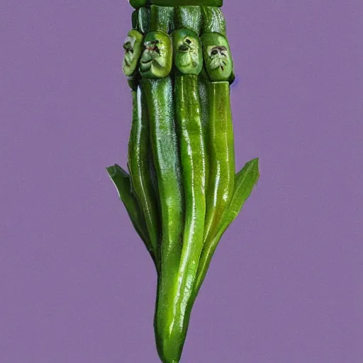 Prompt: a dish of justin beibers face fused with okra veg with green stalky ( ( green justin beiber face ) ), okra shaped stalk nose, oprah okra winfrey sentient veg, by greg rutkowski