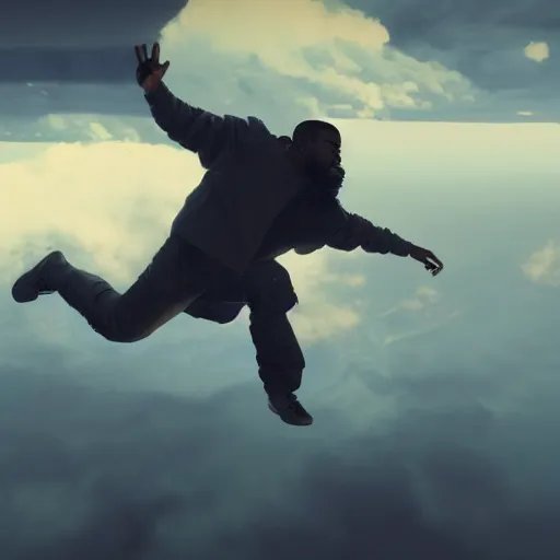 A photo of Kanye West flying in the sky, cinematic | Stable Diffusion