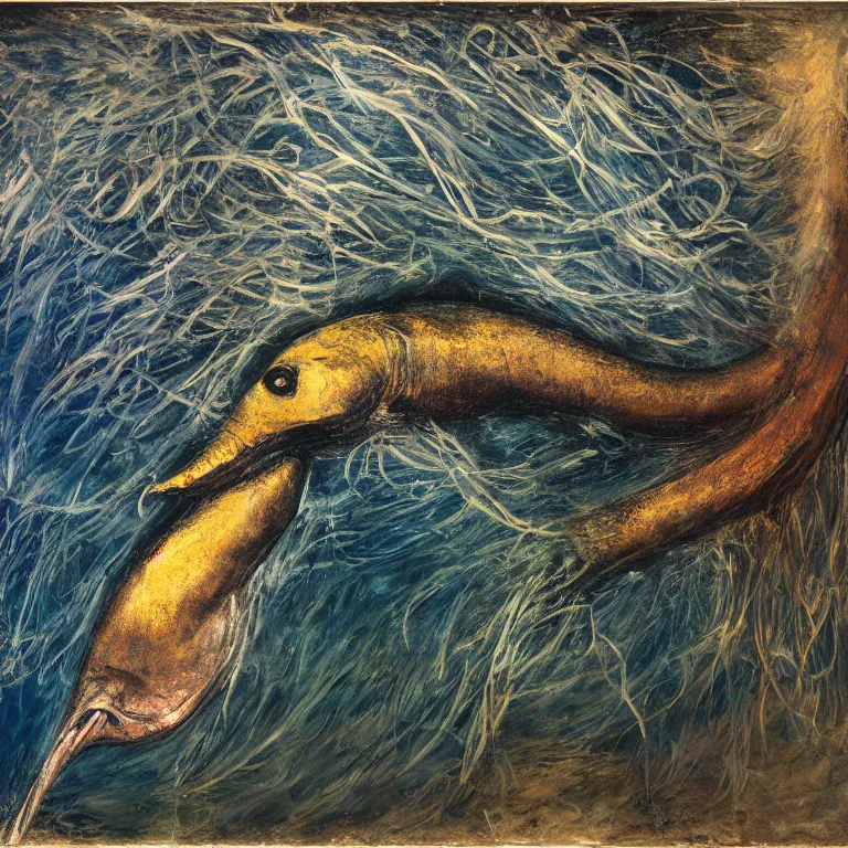 Image similar to Hyperrealistic Studio wet collodion Photograph portrait of a deep sea pelican Eel deep underwater in darkness, award-winning nature deep sea expressionistic impasto oil painting by Cy Twombly and Tim Hawkinson vivid colors hyperrealism 8k