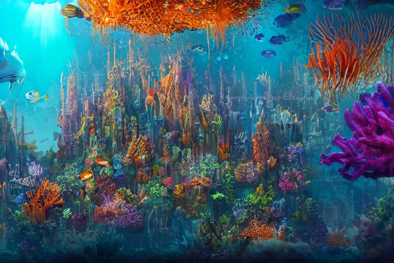 Prompt: an epic view of a coral reef underwater metropolis, with glowing windows, towers, spires, parapets, balconies, bridges, glass, crystal, with sea creatures, painted by tyler edlin, colorful, close - up, low angle, wide angle, atmospheric, volumetric lighting, cinematic concept art, very realistic, highly detailed digital art