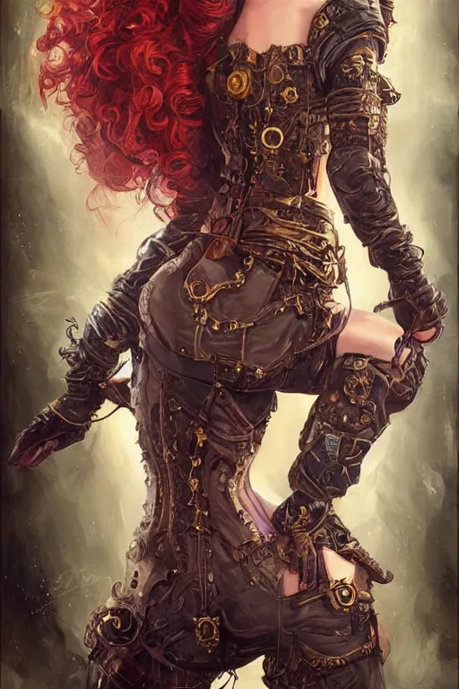 Prompt: portrait from back of Christina Hendricks as a sensual Lady Mechanika, very beautiful young woman, ginger wavy hair, Intricate, steampunk imagery themed, D&D!, fantasy style, sharp focus!, ultra detailed, art by Artgerm and Peter Andrew Jones, WLUP