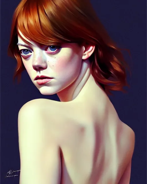 Image similar to an artistic pose, composition, emma stone, realistic shaded, fine details, realistic shaded lighting poster by ilya kuvshinov, magali villeneuve, artgerm, jeremy lipkin and michael garmash and rob rey