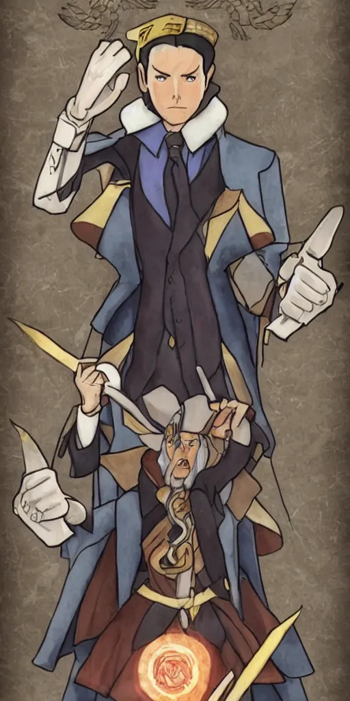 Image similar to the judge from Ace Attorney with a beam scale in one hand. Tarot card Justice, impressive art, detailed, singe subject