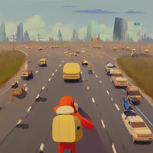 Image similar to goro fujita ilustration sunday people in a jam leaving the city, painting by goro fujita, sharp focus, highly detailed, artstation