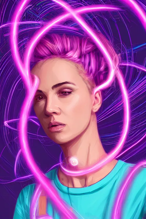 Image similar to a award winning half body portrait of a beautiful woman in a croptop and cargo pants with ombre purple pink teal hairstyle and hands in pockets by ari liloan, surrounded by whirling illuminated lines, outrun, vaporware, shaded flat illustration, digital art, trending on artstation, highly detailed, fine detail, intricate