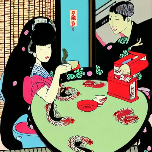 Image similar to Japanese beauty wrapped in a snake having tea with her husband by Toshio Saeki, high detailed