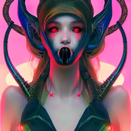 Image similar to portrait futuristic Devil Girl with horns and wings, in future cyberpunk tokyo rooftop , ssci-fi, fantasy, intricate, very very beautiful, elegant, human anatomy, neon light, highly detailed, digital painting, artstation, concept art, smooth, sharp focus, illustration, art by tian zi and WLOP and alphonse mucha