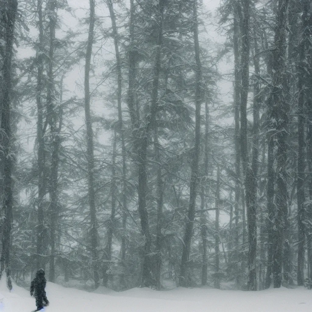 Image similar to photo, bigfoot is hiding in the background. cold color temperature, snow storm. hazy atmosphere. humidity haze. kodak ektachrome, greenish expired film, award winning, low contrast