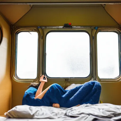 Prompt: bonobo inside of a train compartment room sitting on bed, rainy window, night, soft lighting