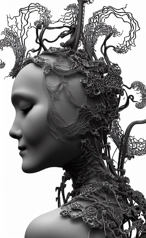 Image similar to black and white complex 3d render of 1 beautiful profile woman porcelain face, vegetal dragon cyborg, 150 mm, sinuous silver metallic ghost orchid flower stems, roots, leaves, fine lace, maze-like, mandelbot fractal, anatomical, facial muscles, cable wires, microchip, elegant, highly detailed, black metalic armour with silver details, rim light, octane render, H.R. Giger style, David Uzochukwu