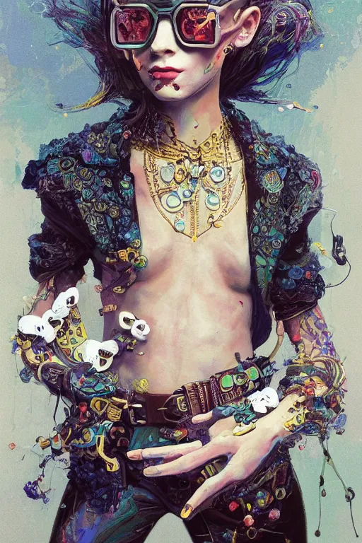 Prompt: an epic non - binary model, subject wearing a belt made out of computer mice, flowing, ornate, beautiful, intricate, muted tonal colors, with few ultramarine highlights, by jeremy mann and ilya kuvshinov, jamie hewlett and ayami kojima, trending on artstation, bold 2 d