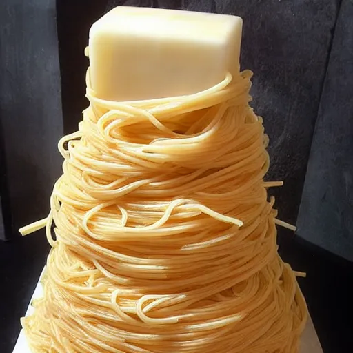 Prompt: a tripple layer wedding cake made out of pasta spaghetti n- 5