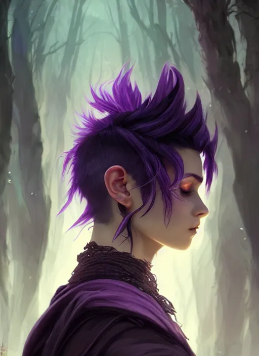 Prompt: side portrait rugged girl, adventurer outfit large cloak, fantasy forest landscape, dragon scales, fantasy magic, undercut hairstyle, short purple black fade hair, dark light night, intricate, elegant, sharp focus, illustration, highly detailed, digital painting, concept art, matte, art by wlop and artgerm and greg rutkowski and alphonse mucha, masterpiece