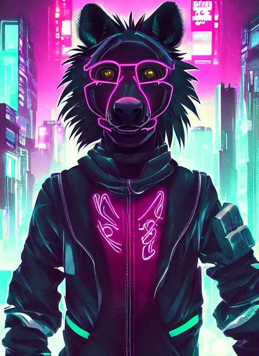 Prompt: beautiful portrait commission of a male furry anthro hyena fursona wearing cyberpunk skater clothes. Cyberpunk city at night in the rain. Neon light. Atmospheric. Character design by charlie bowater, ross tran, artgerm, and makoto shinkai, detailed, inked, western comic book art