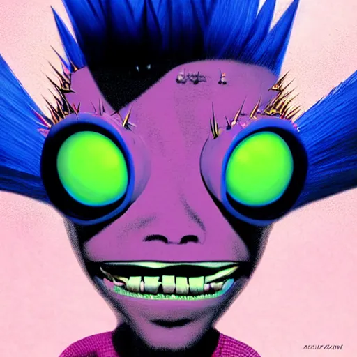 Image similar to a pink punk rock alien with spiked hair, an airbrush painting by Jamie Hewlett, cgsociety, symbolism, antichrist, aesthetic, 8k