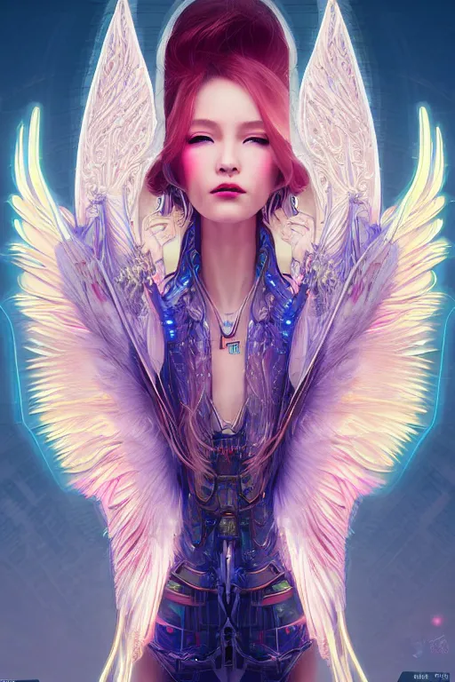 Image similar to portrait futuristic goddess angel Girl with wings and feathers, in future cyberpunk tokyo rooftop , ssci-fi, fantasy, intricate, very very beautiful, elegant, human anatomy, human structure, neon light, highly detailed, digital painting, artstation, concept art, smooth, sharp focus, illustration, art by tian zi and WLOP and alphonse mucha