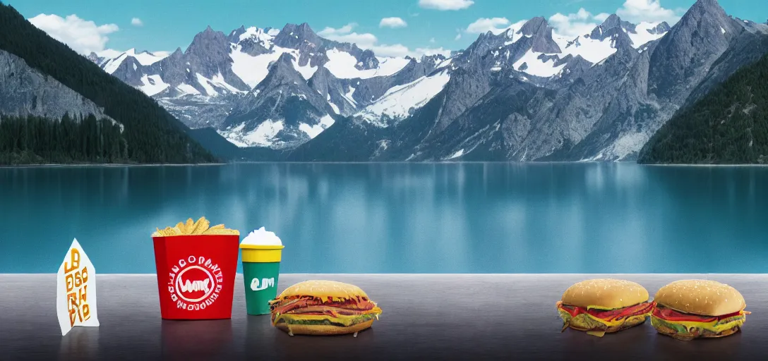 Image similar to a very high resolution image from a new movie. mountains, lake, garbage plastic, fast food, photorealistic, photography, directed by wes anderson