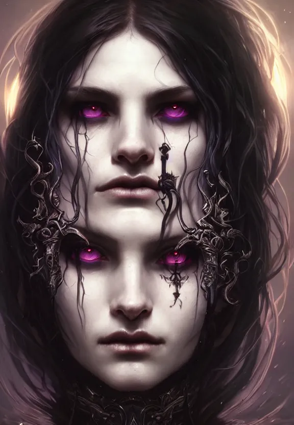 Image similar to Necromancer Sorceress face close-up macro in center, fantasy magic, undercut hairstyle, dark light night, intricate, elegant, sharp focus, illustration, highly detailed, digital painting, concept art, matte, art by WLOP and Artgerm and Greg Rutkowski and Alphonse Mucha, masterpiece