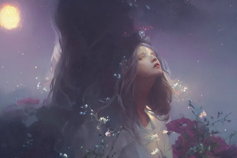 Prompt: a beautiful painting of in the silent, starlit nights, beautiful flower, girl, by greg rutkowski, trending on artstation