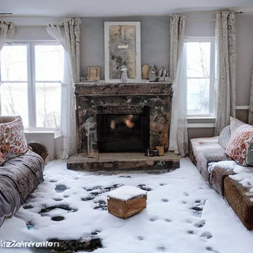 Prompt: a living room, frozen, covered completely in ice