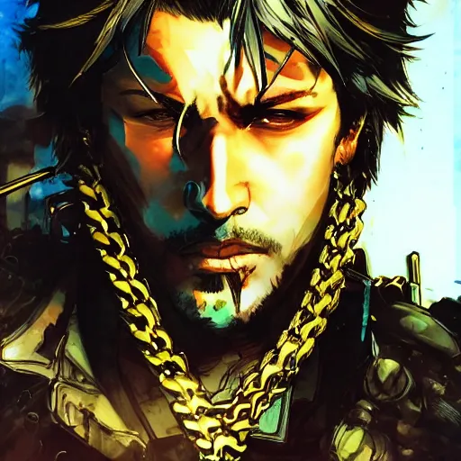 Image similar to portrait of a hero holding his sword in front of his face by yoji shinkawa, high quality, extra details, realism, ornate, colored, golden chain, blood, white skin, short hair, colorful, futuristic, war